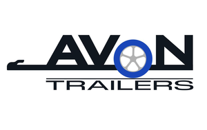 Logo for Avon Trailers; black letters, blue wheel graphic, text 