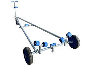 Boat trailer with blue wheels and rollers, handle bars, and a silver frame.