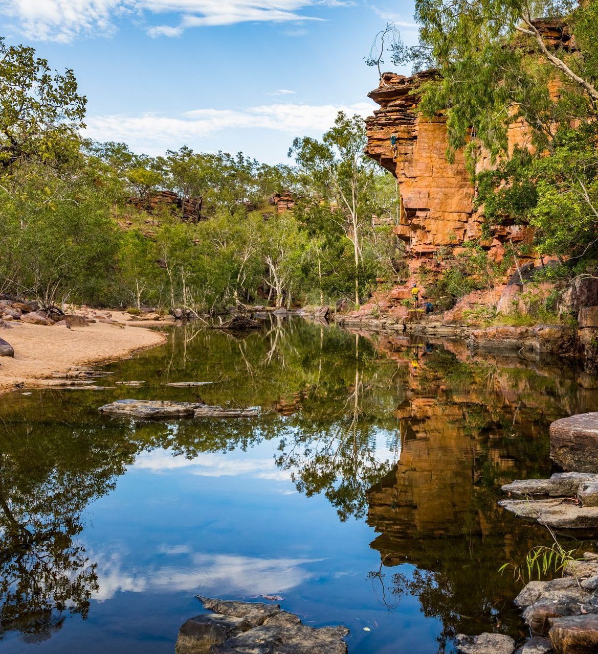 A river surrounded by trees and rocks with a cliff in the background