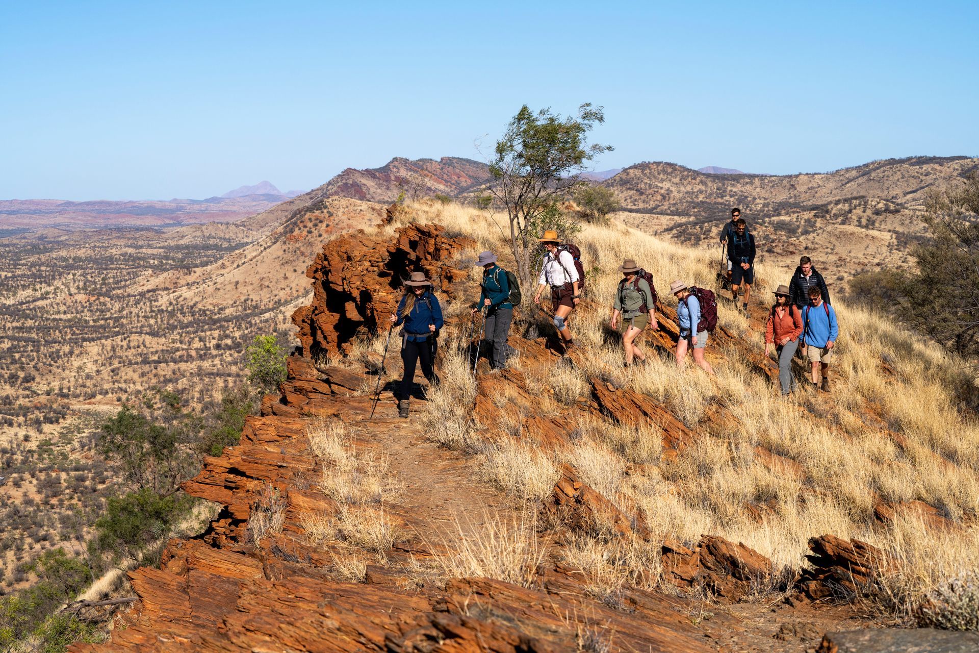 A group of people are standing on top of a hill.