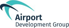 The logo for the airport development group is blue and black.