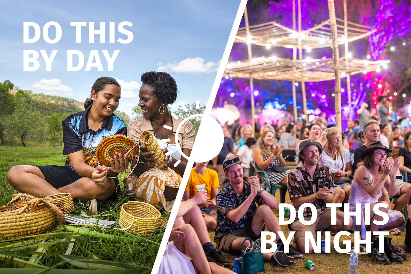 A couple of people sitting on the grass next to a crowd of people at a festival.