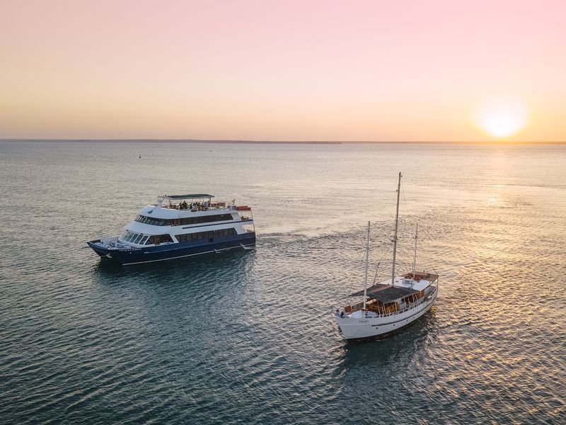 An aerial view of two boats in the ocean at sunset.