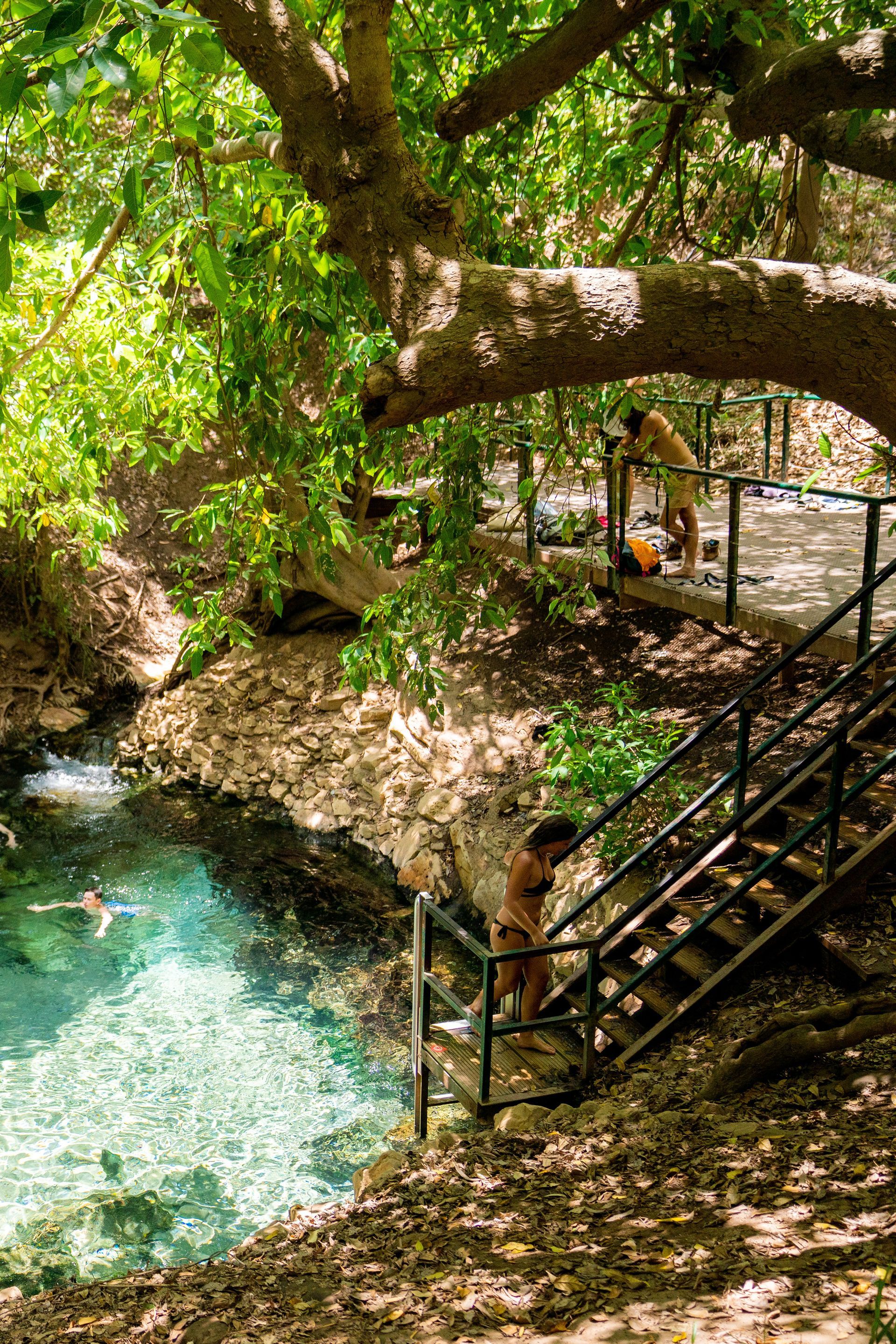 A woman in a bikini is walking down stairs to a river.