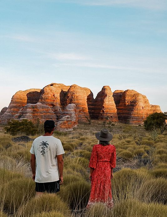 A man and a woman are standing in a field looking at a mountain.