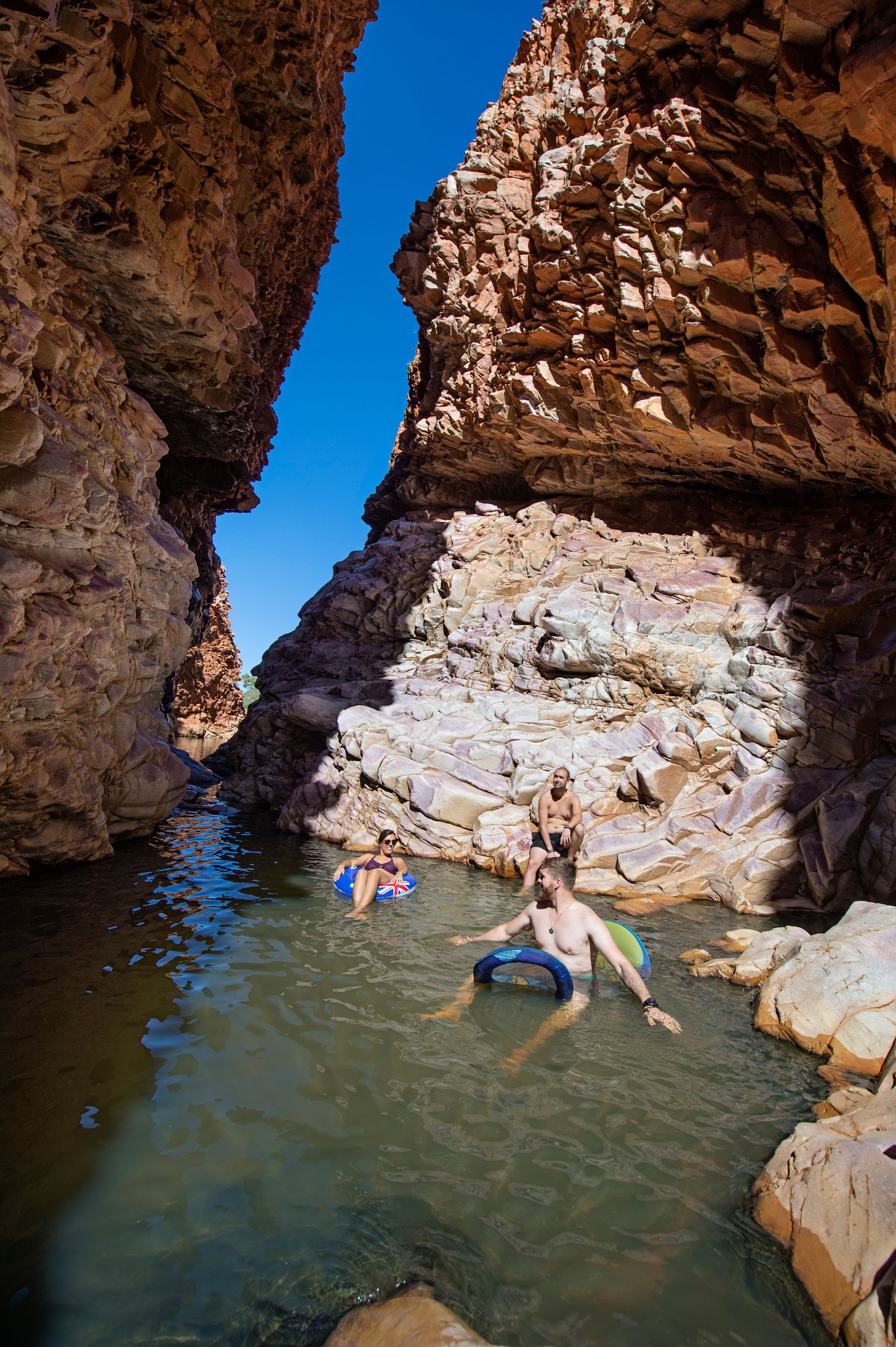 A group of people are swimming in a canyon.