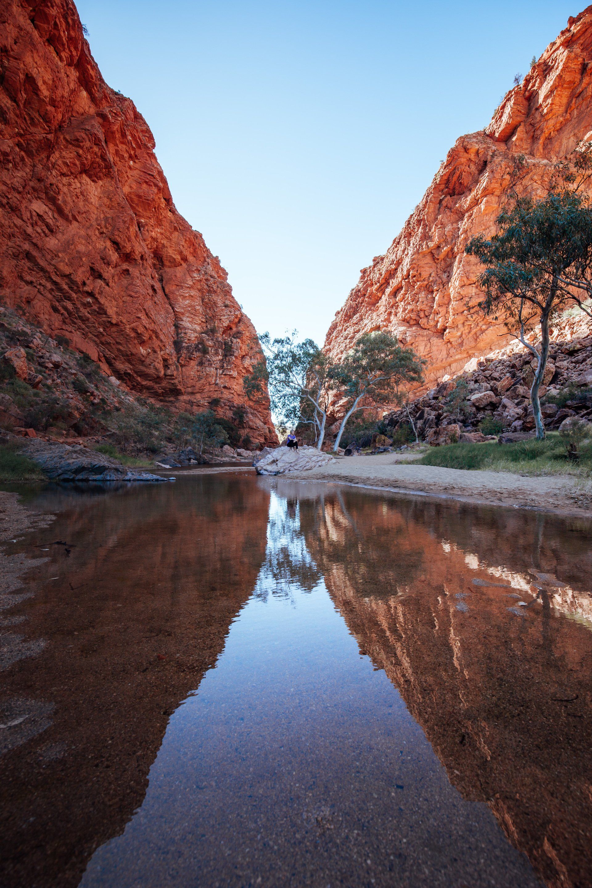 There is a river in the middle of a canyon with trees reflected in the water.