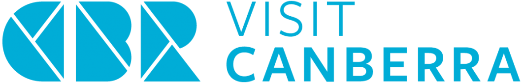 A blue logo that says visit canberra on a white background