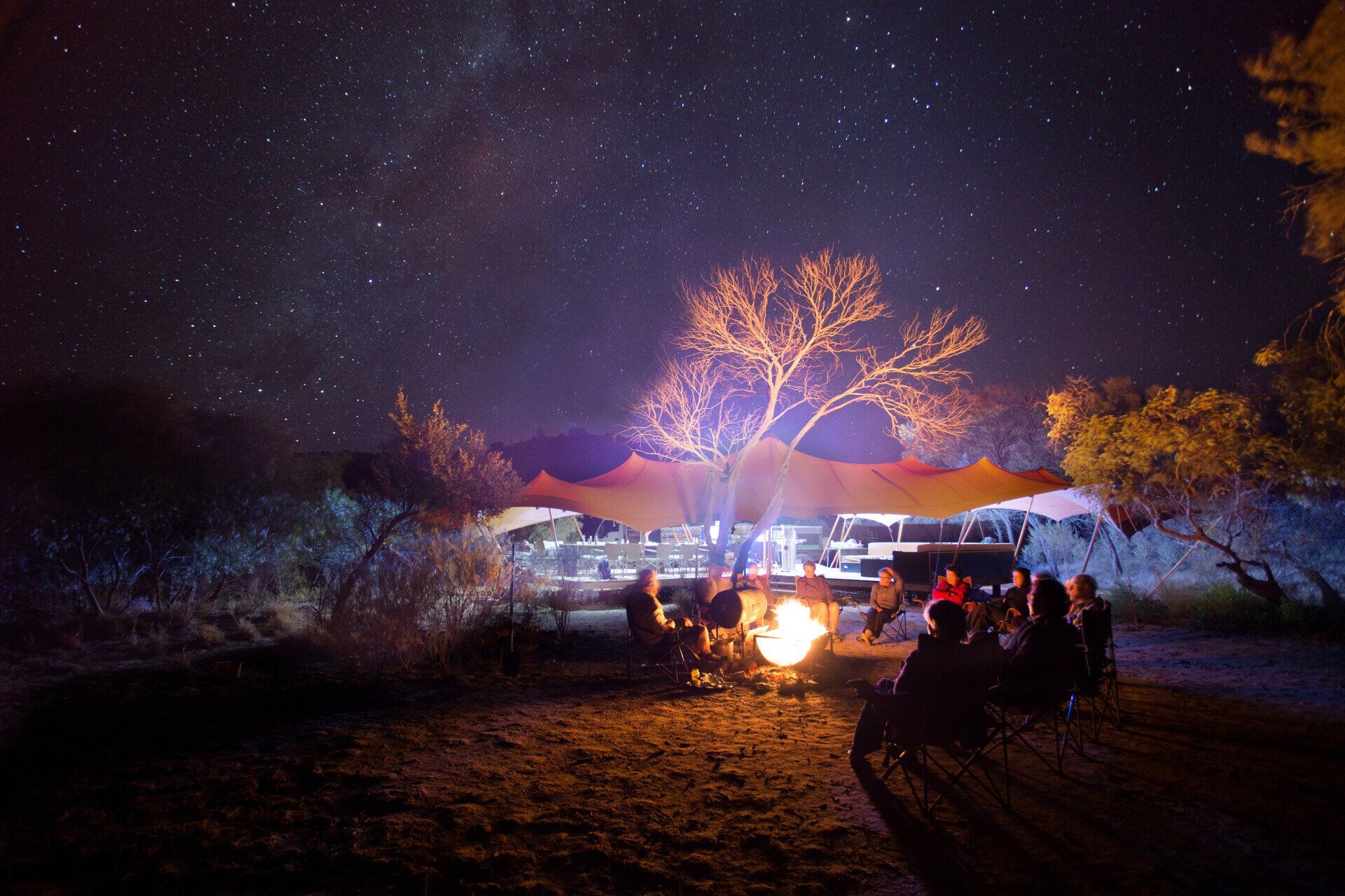 A group of people are sitting around a campfire under a starry night sky.