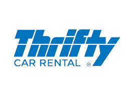 A blue thrifty car rental logo on a white background