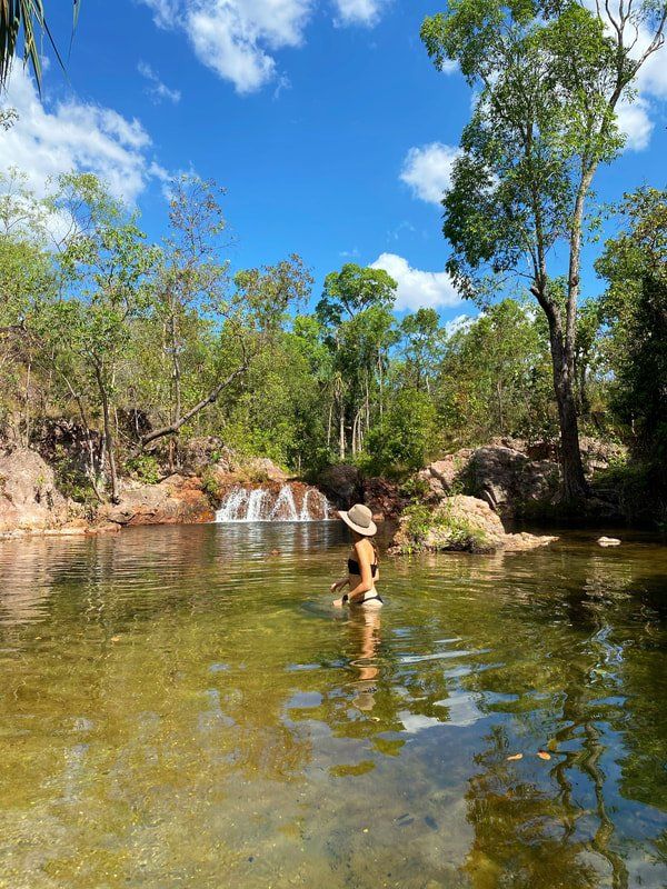 A woman in a bikini is swimming in a river surrounded by trees.