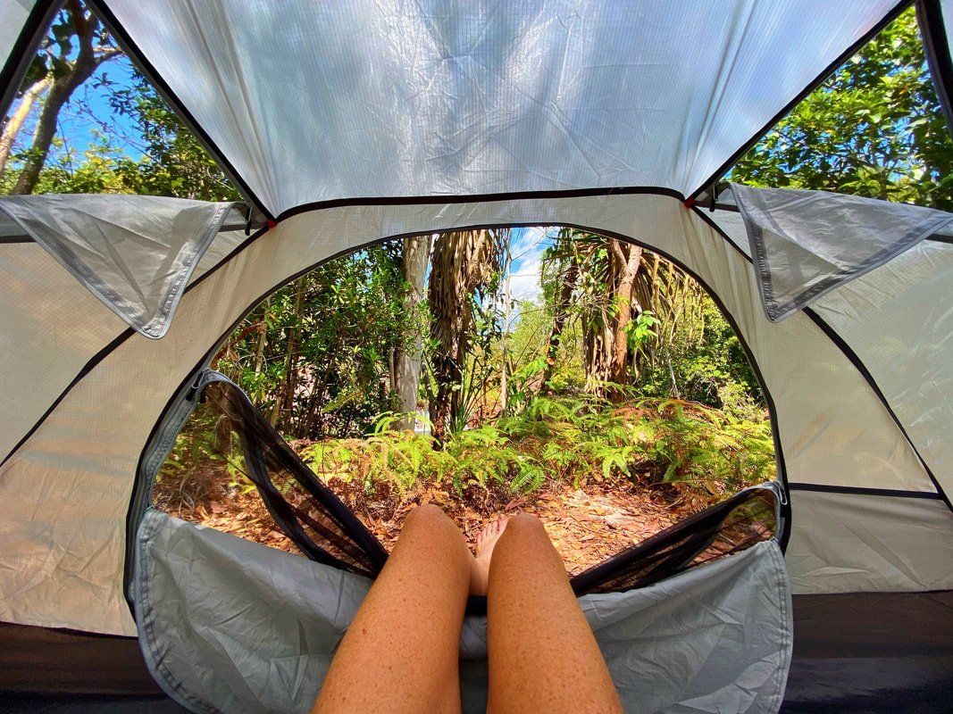 A person is sitting in a tent looking out at the woods.