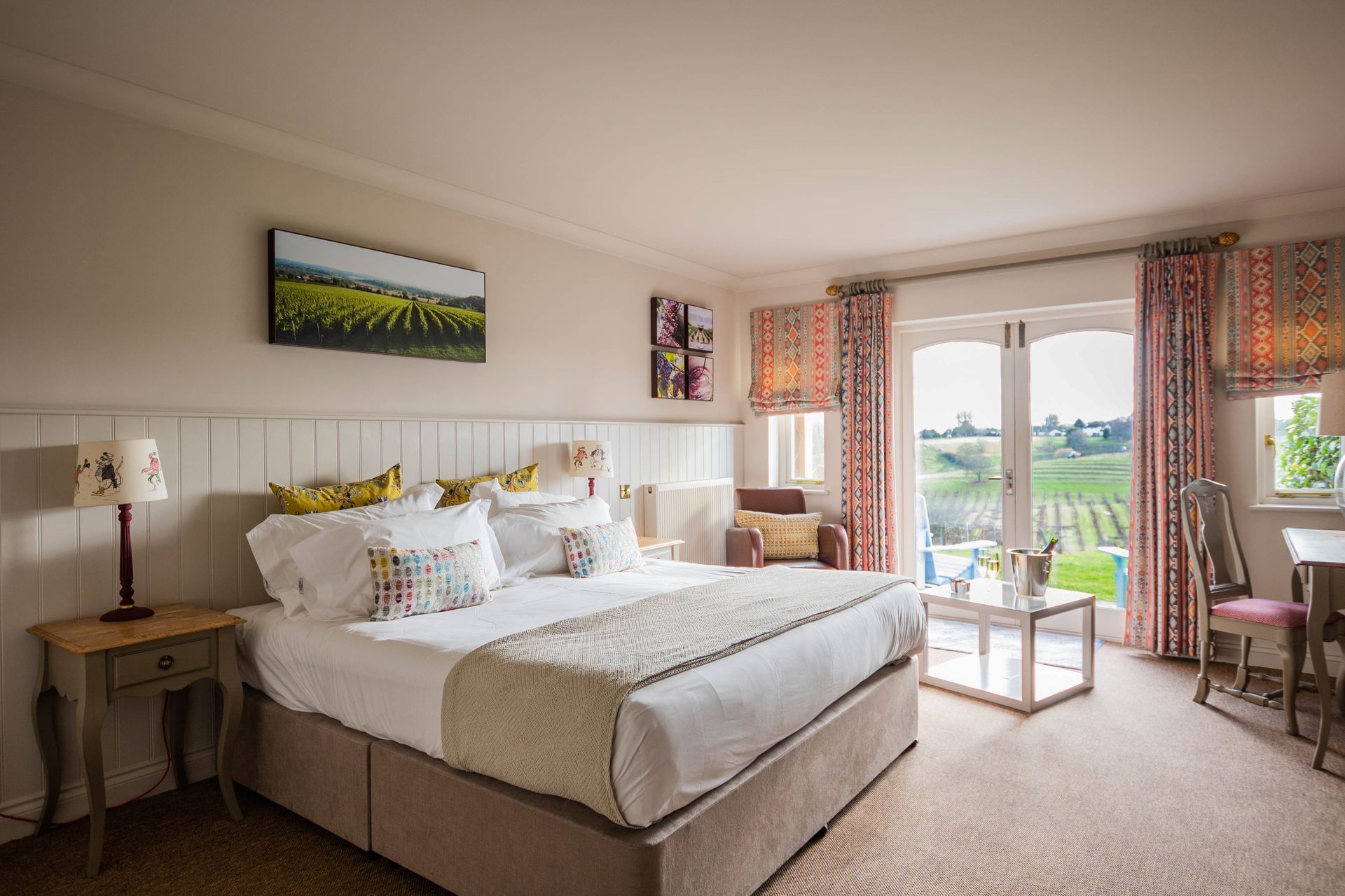 Luxury hotel room with vineyard views at Three Choirs Vineyards in Gloucestershire