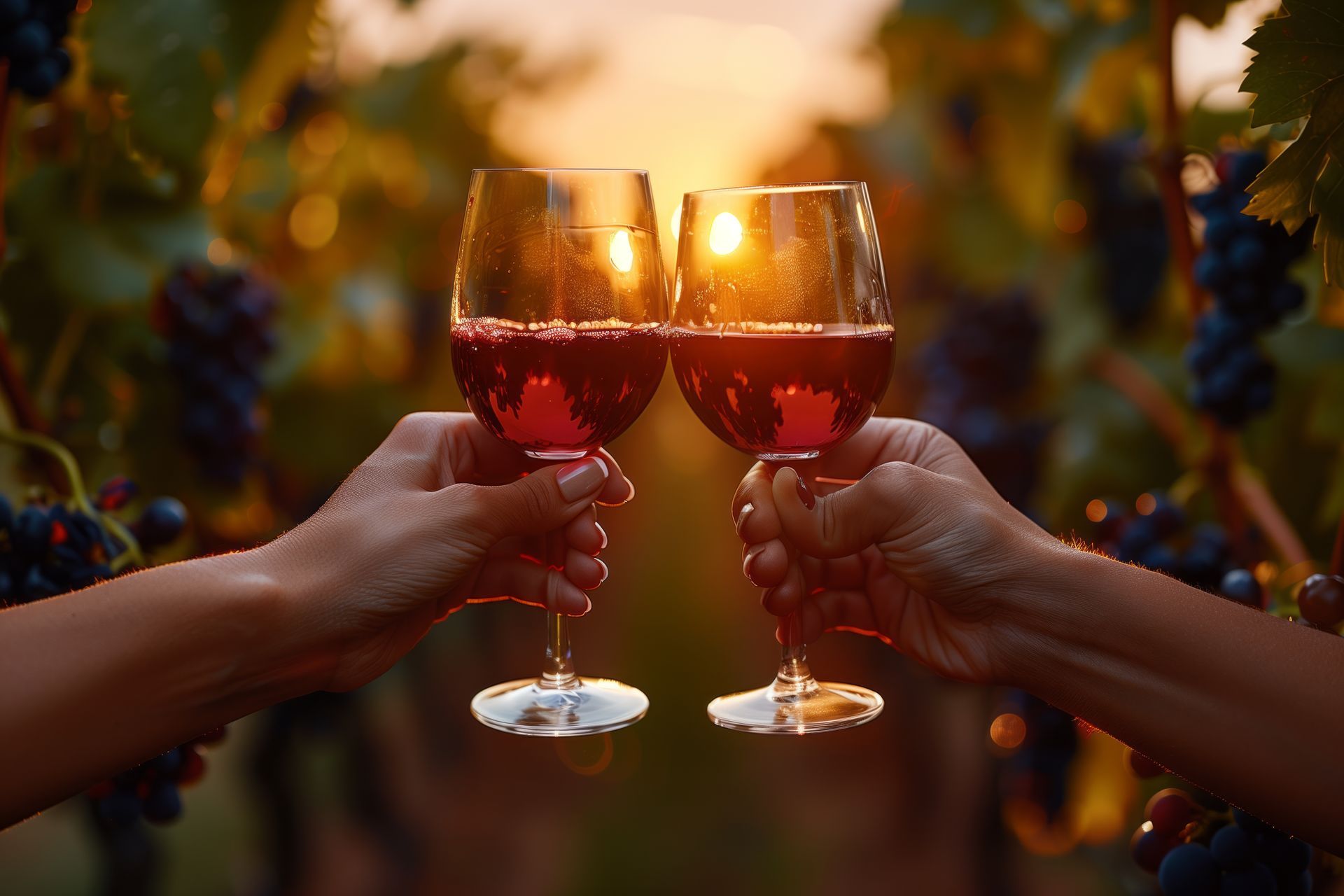 Couple celebrating their anniversary with a wine toast at sunset in the vineyards of Three Choirs Vineyards