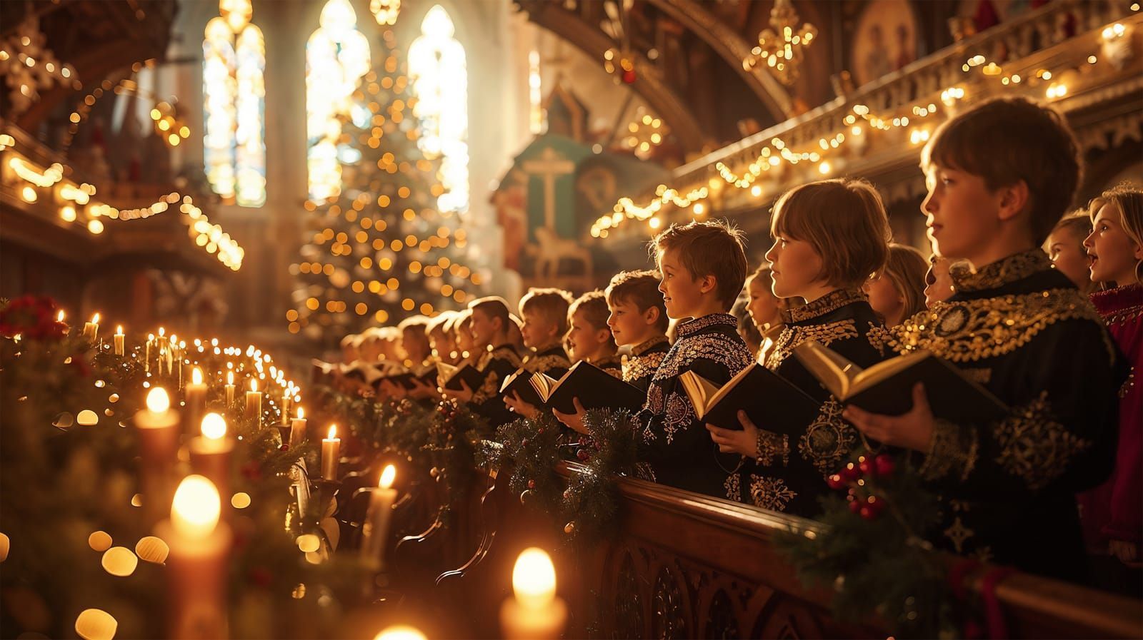 Choirboys singing in a candlelit church at Christmas, a decorated tree is in the background.