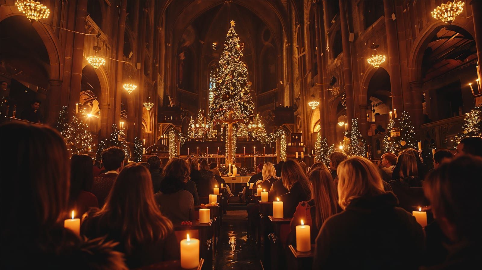 Cathedral decorated for Christmas, Lit candles and a large Christmas tree glow.