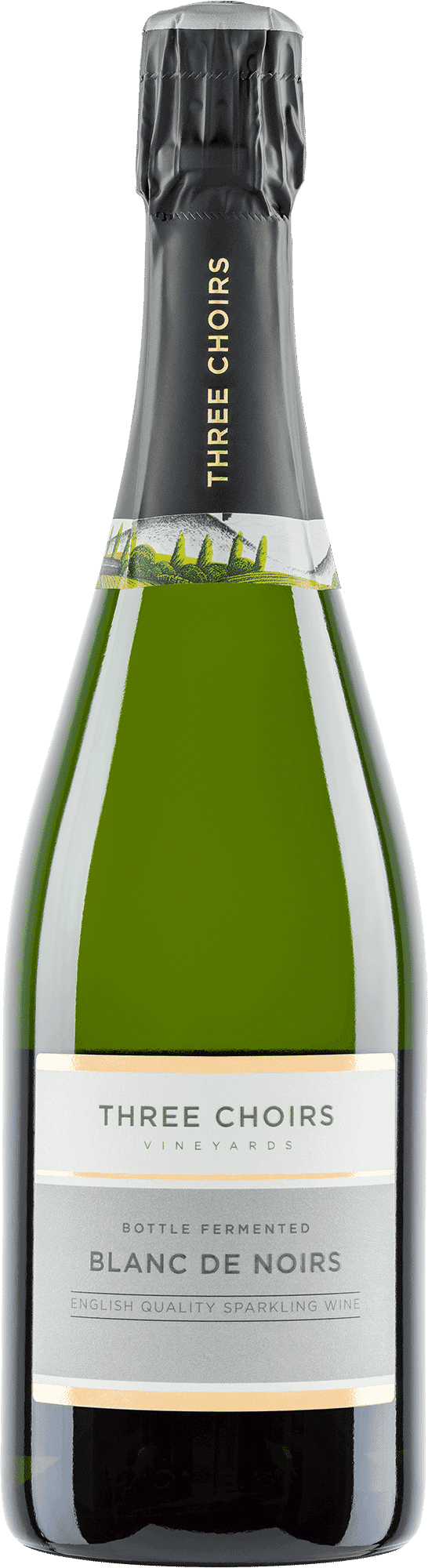 a bottle of champagne with a white label and a black cap