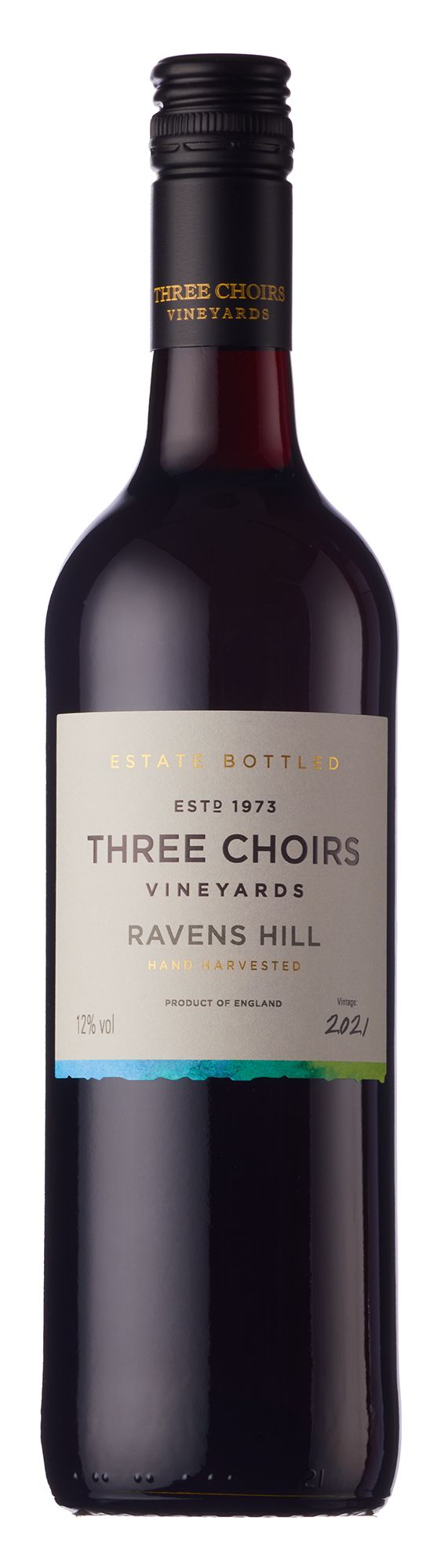 A bottle of sparkling wine with a dark cap and a white label featuring text. The wine appears to be white or very light green.