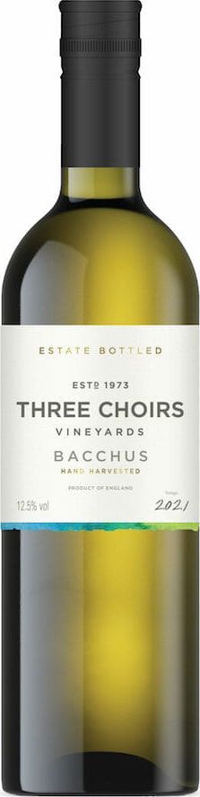 a bottle of three choirs wine with a white label on a white background .
