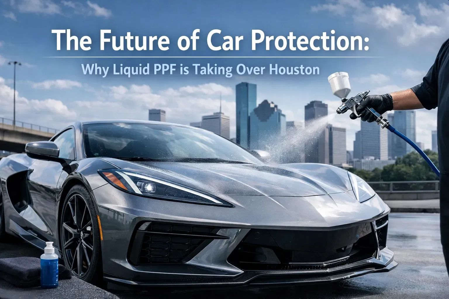 A car being sprayed with liquid PPF in Houston, with a cityscape backdrop.