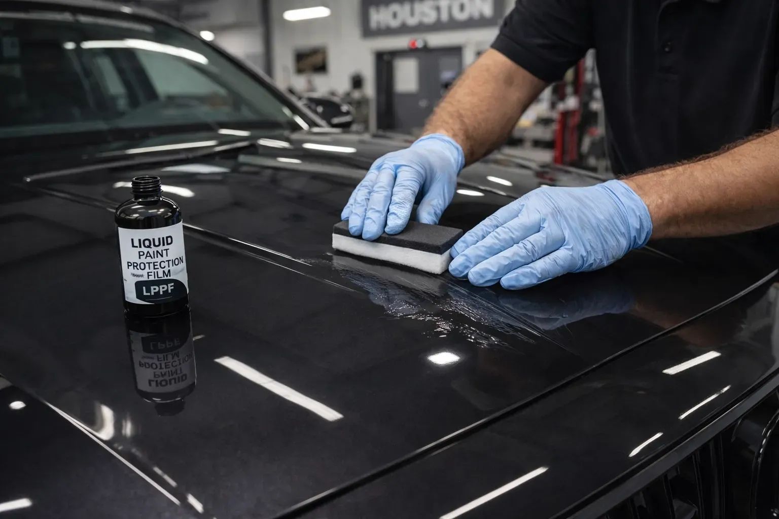 A person wearing blue nitrile gloves uses an applicator block to apply liquid ceramic coating to a black car hood.