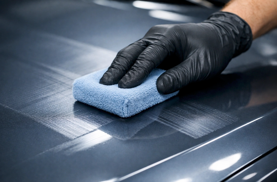 A gloved hand uses a blue sponge to apply ceramic coating or wax to a dark gray car hood.