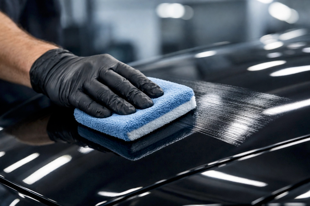 A gloved hand uses a blue sponge applicator to apply a liquid coating to a shiny black car surface.