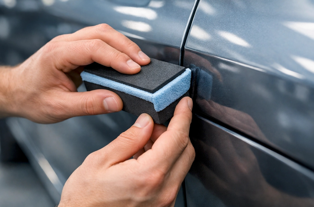 Hands using a two-toned blue and black applicator sponge to apply product to the side panel of a gray car.