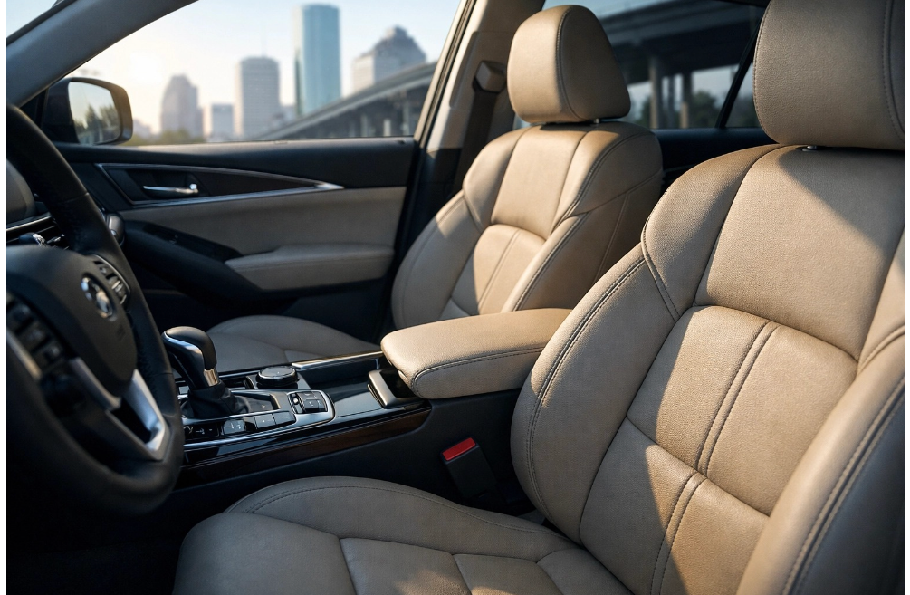 Interior of a modern luxury vehicle with tan leather seats and a view of a city skyline through the window.