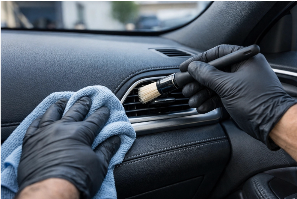 Hands wearing black gloves use a brush and a blue microfiber cloth to clean a car's air vent and dashboard.