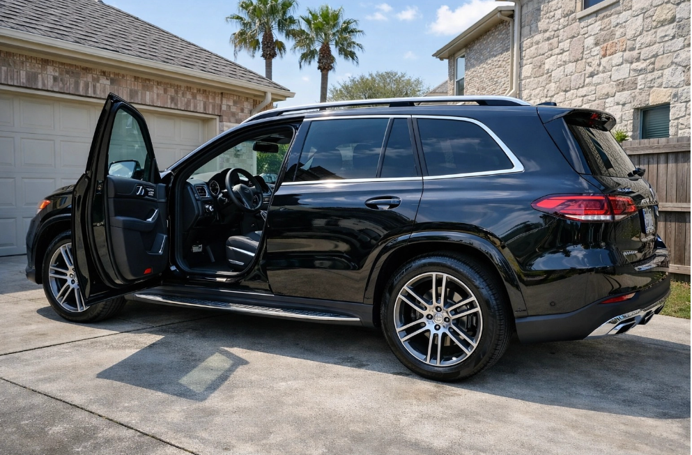 A black Mercedes-Benz SUV parked on a residential driveway with its driver-side door open.