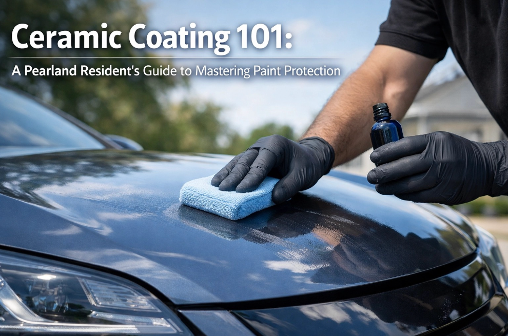 A person wearing black gloves applies ceramic coating to a dark car hood with a blue applicator pad.