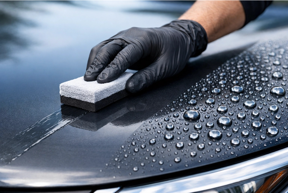 A gloved hand uses a foam applicator block to apply a protective coating to a car hood, creating a water-beading effect.