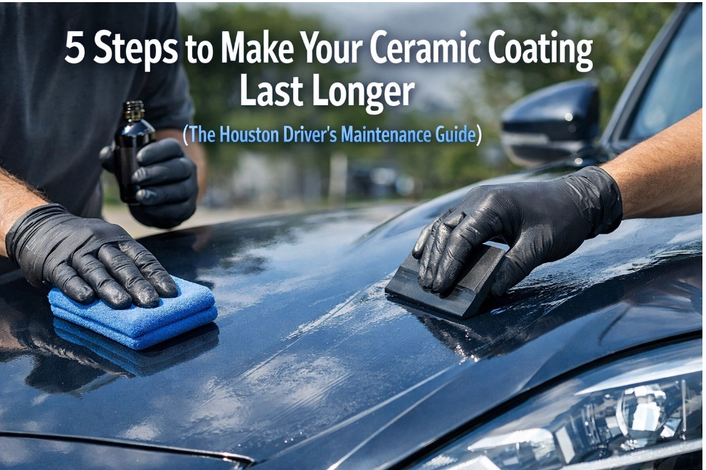 Hands in black gloves apply a ceramic coating to a dark car hood, with the title 
