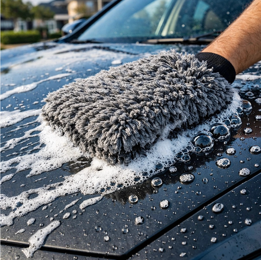 A gray microfiber wash mitt cleans a sudsy black car hood.