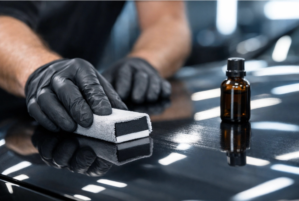 Gloved hands use a foam block to apply ceramic coating to a glossy black car surface, with a small glass bottle nearby.