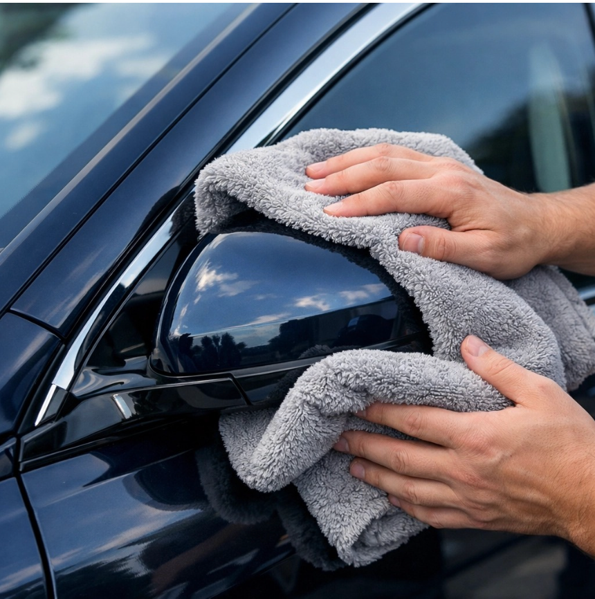 Hands wipe a dark blue car side mirror with a soft grey microfiber cloth.