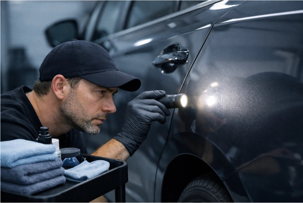 A person wearing a black cap and gloves uses a flashlight to inspect the paint on a dark gray car in a garage.