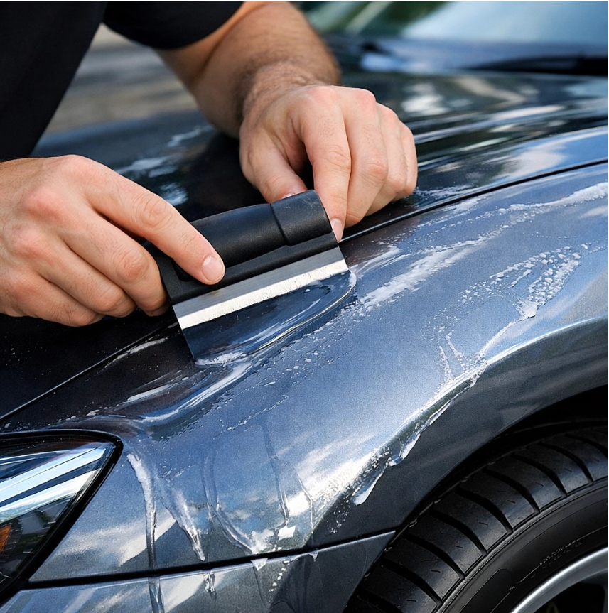 Hands using a squeegee to smooth a clear protective film onto the gray painted fender of a car.