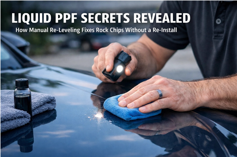 A person uses a flashlight and blue cloth to repair a car’s paint, with text overlay: LIQUID PPF SECRETS REVEALED.