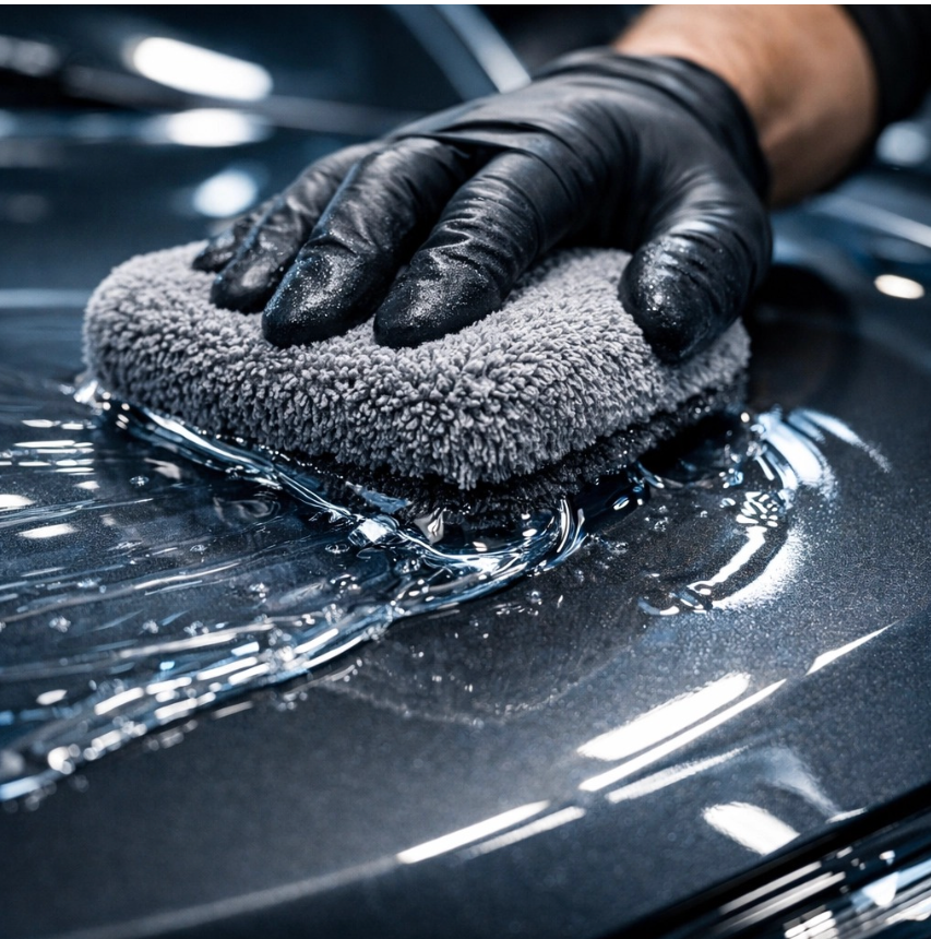 A hand in a black glove uses a gray microfiber sponge to wash a dark, reflective car surface.