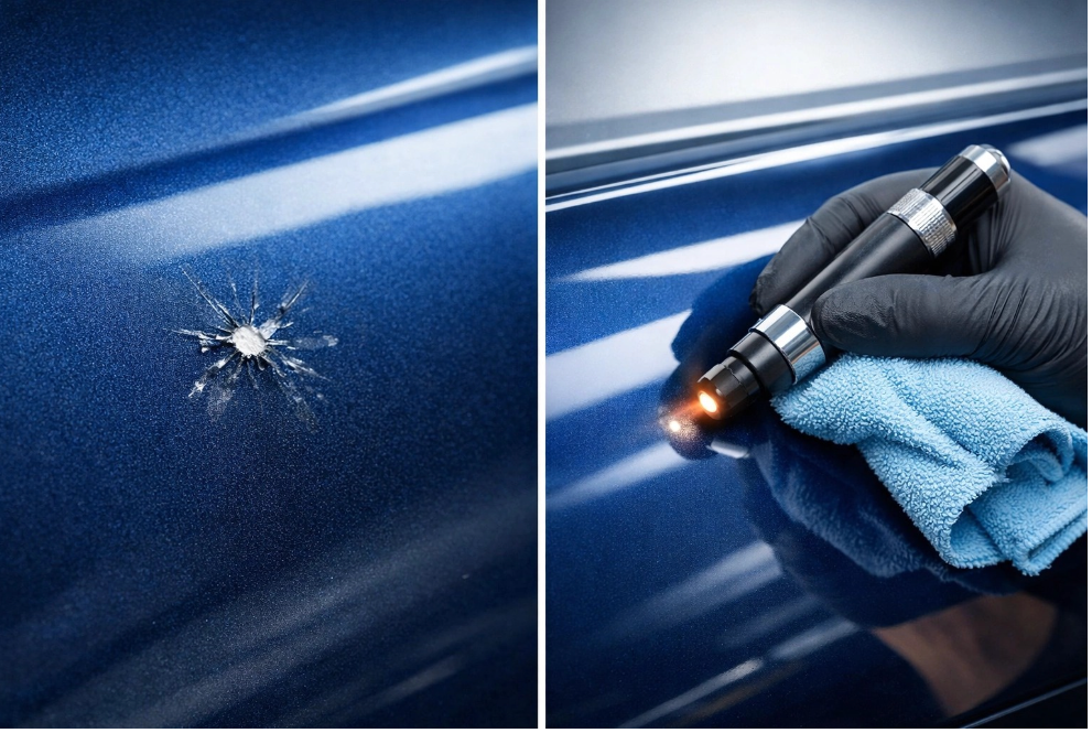 A split-view showing a deep dent on a blue car door, and a gloved hand using a professional light tool to inspect the area.