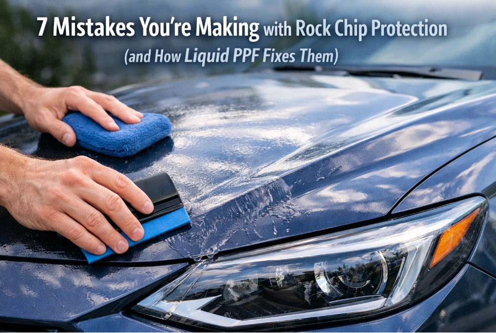 A person uses a blue applicator to apply liquid paint protection film to the hood of a blue car.