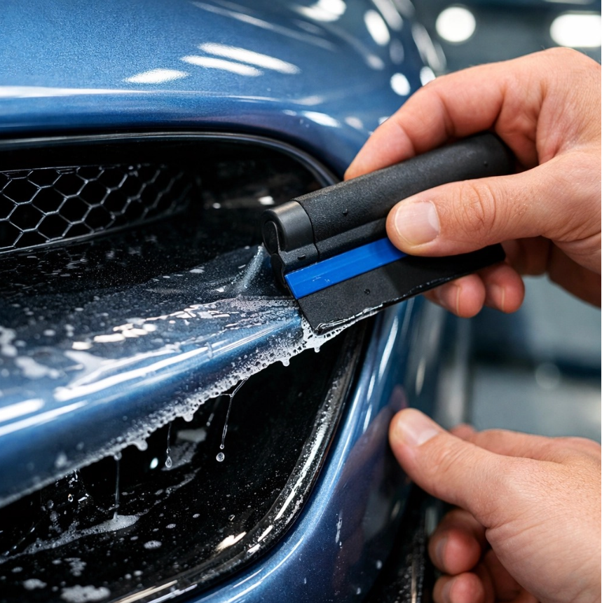A person uses a squeegee to apply a clear protective film to the blue-painted front bumper of a vehicle.