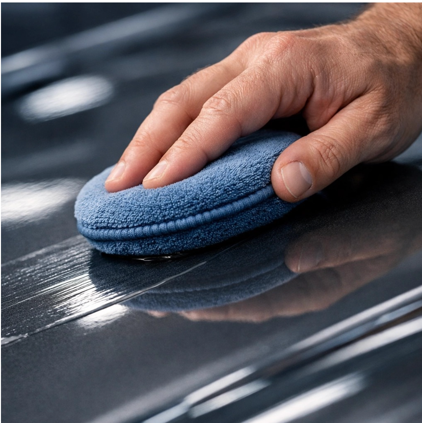 A hand uses a blue microfiber applicator pad to polish a smooth, dark, reflective car surface.