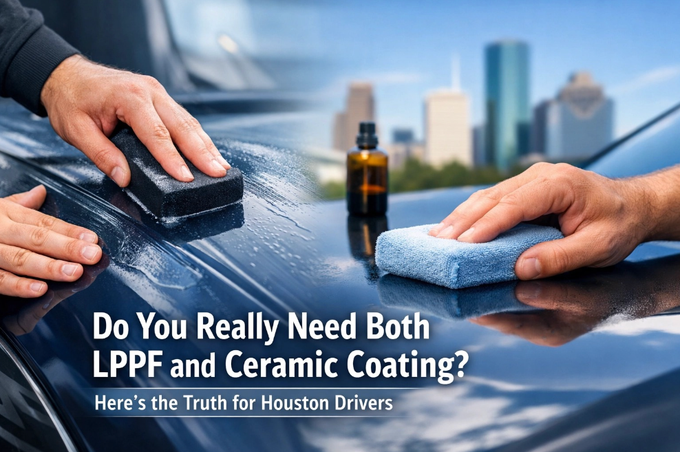 Hands applying coating to a car hood against a Houston skyline, with the text 