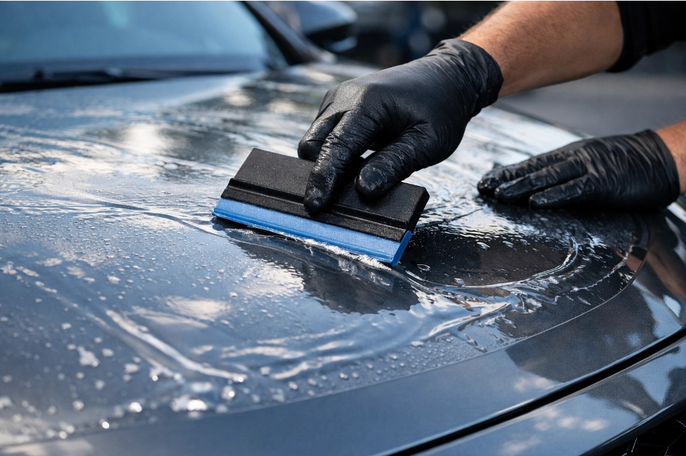 A person wearing black gloves uses a blue and black squeegee to smooth a clear protective film onto a gray car hood.