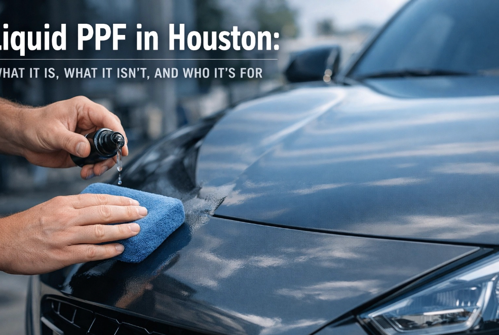 A hand applies liquid PPF to a car hood with a blue sponge. Text overlay reads 
