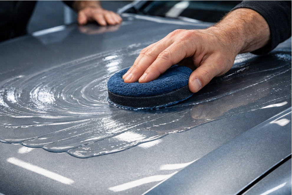 A hand uses a blue applicator pad to spread car wax in a circular motion on a gray car hood.