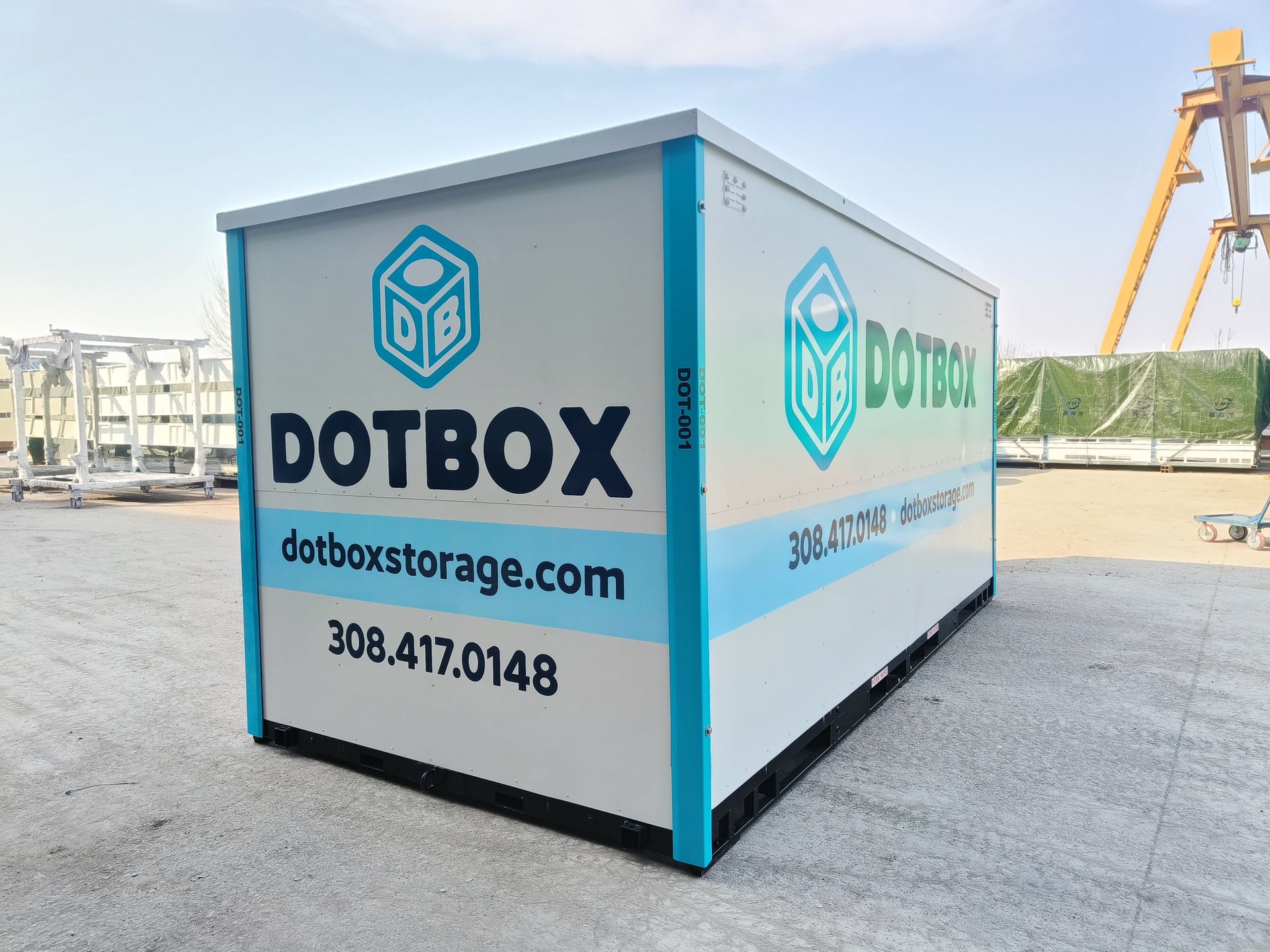 A white mobile storage box with the word dotbox on it